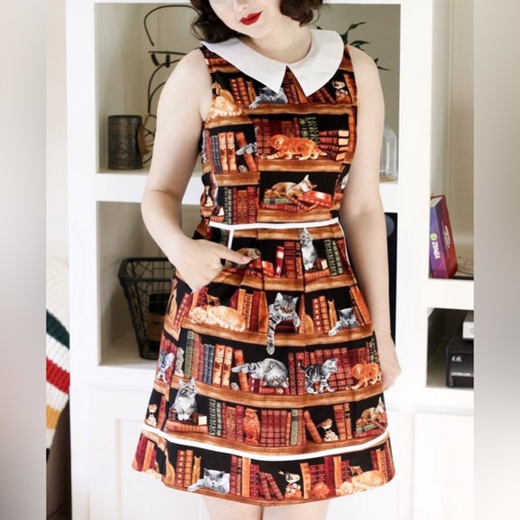 Retrolicious Dresses & Skirts - Retrolicious Cat Library Print Pin Up Cotton Dress